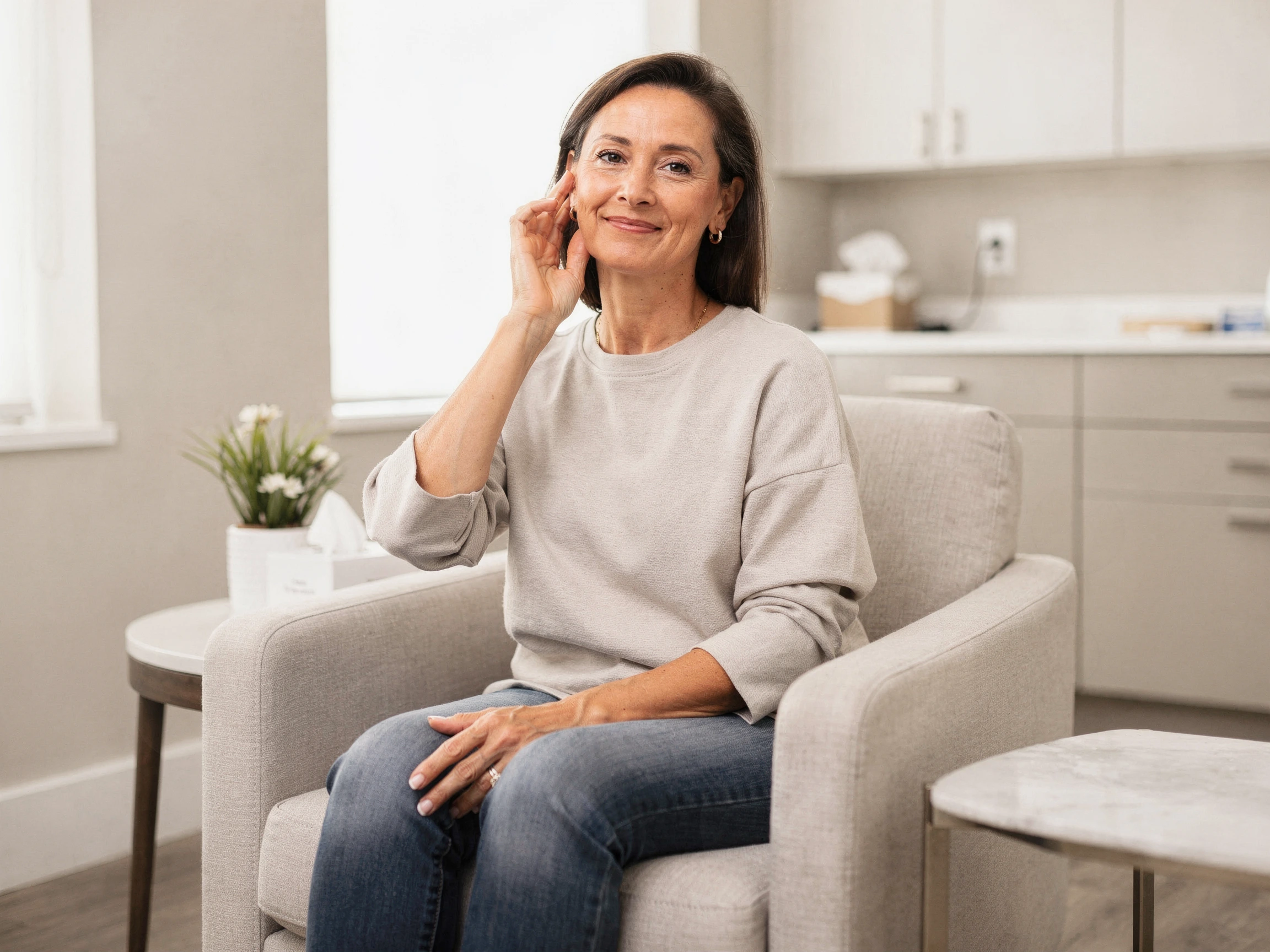 Woman sitting in a light-filled medical office, touching her ear while smiling at the camera